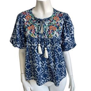 THML Blue Floral Embroidered Puff Sleeves Top Blouse M Cottage Boho Resortwear